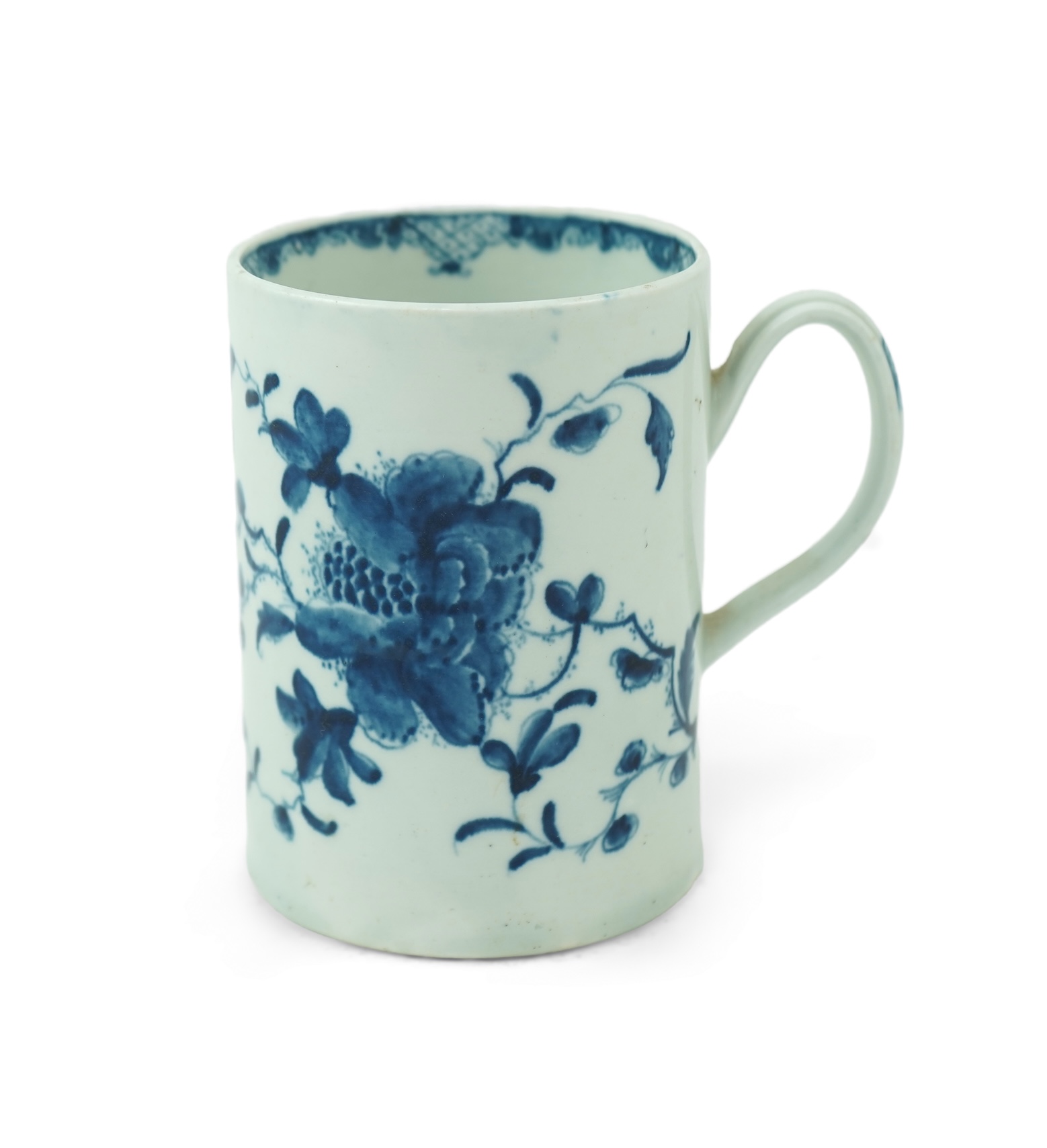 A Worcester blue and white Mansfield pattern mug, c.1760